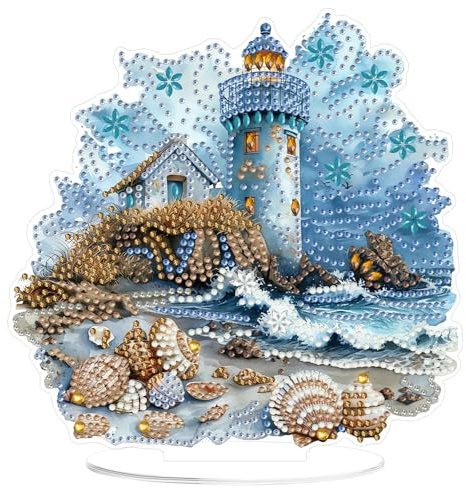 MOGTAA 5D Diamond Painting Leuchtturm Desktop Deko Kinder Erwachsene, Diamond Painting Tisch Deko Set, DIY Strand Diamant Painting Bilder Bastelset Set, für Zimmer Büro Desktop Geschenk