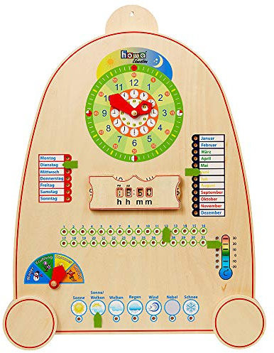 howa Lernuhr mit Kalender, Jahreszeiten und Wetter aus Holz für Kinder 7500
