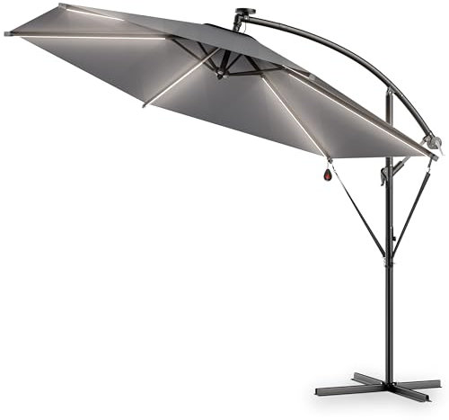 Kingsleeve® Ampelschirm LED Beleuchtung UV Schutz 80+ Solar Ständer Schutzhülle 350cm Groß Kurbel Balkon Terrasse Gartenschirm Sonnenschirm Anthrazit