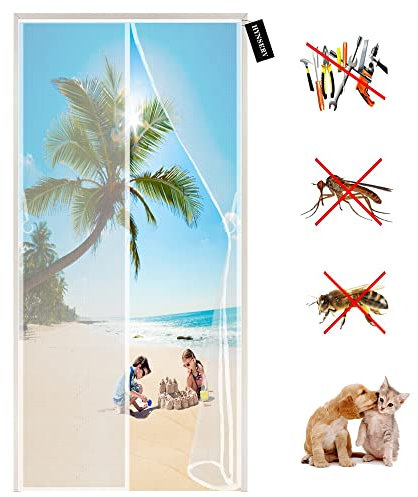 Magnetic Fly Screen Door 80 x 195 cm Anti Mosquito Mesh Fly Curtain - with Magnets and Full Frame Magic Tape - Insect Protection Door No Gap for Bedroom/Kitchen - White A