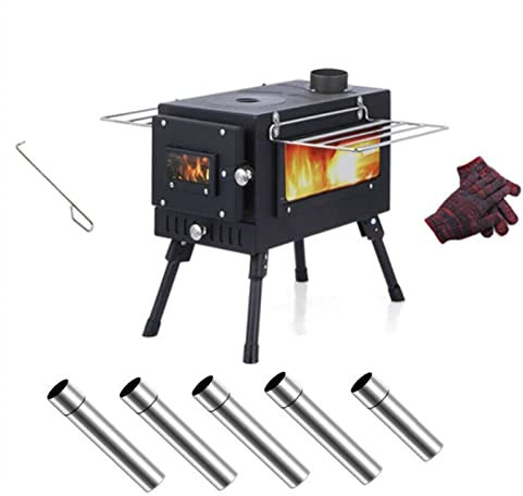Camping, varm tältspis, vedspis, vedeldad spis, tältspisar, vedeldad med vedeldad ugn, campingvedspis 2 galler och 5 skorstensrör för tält, skydd, uppvärmning, matlagning, 9 kg