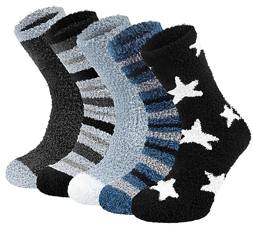 Chalier Cozy Calcetines Térmicos de Invierno para Hombre 5 Pares de Calcetines Gruesos de Forro Polar de Coral Para Dormir en Casa Calcetines Mullidos para Navidad Regalo de Cumpleaños, Talla 38-46