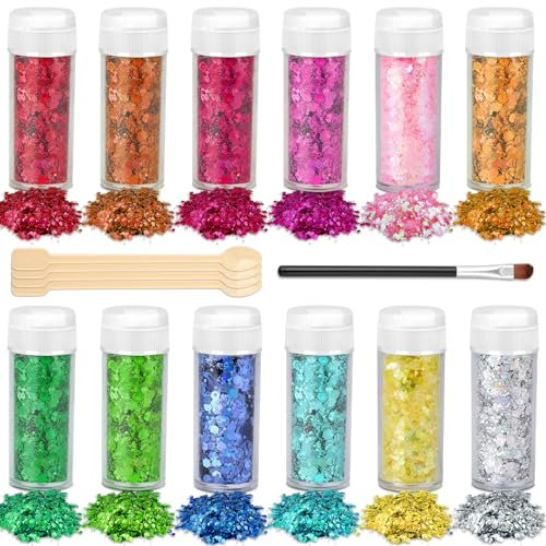 DYESMEE Bastel Glitzerpulver, 12 Farben Holografisches Klobiges Glitzer Set, Chunky Glitzer für Kunsthandwerk Becher Schleim Festival-Dekoration, kosmetischer Glitzer für Nagel Gesicht Körper Augen