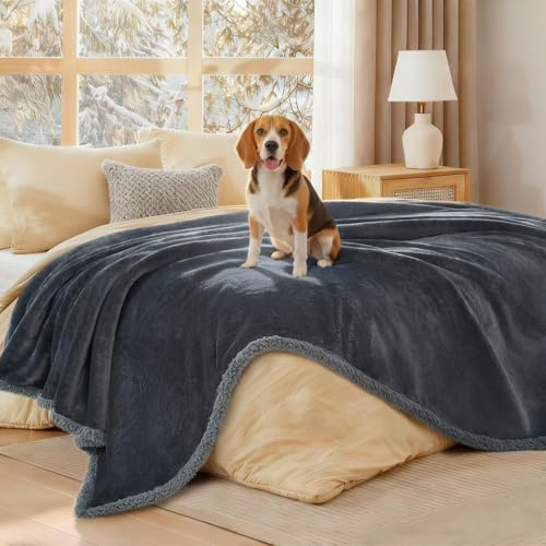 Luciphia Waterproof Bed Blanket Washable, Soft Sherpa Fleece Puppy Reversible Throw Blankets for Medium Large Dog Cat, Furniture Cover Protector Couch Bed from Liquid Pee and Pet Fur, Grey,65 x 57