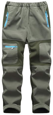 Yenwits Kinder Softshellhose gefüttert Skihose wasserdicht Thermohose Wanderhose Trekkinghose Schneehose Winter Outdoorhose Cargohose für Jungen und Mädchen（9056，Armeegrün,140-152