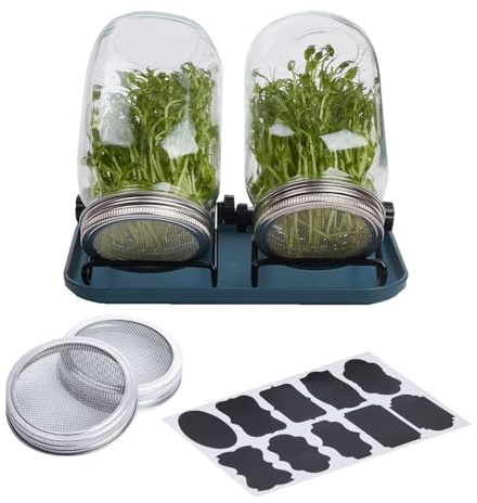Juego de frascos de Semillas, Juego de germinación de Semillas, Juego de brotes de Tarro de conserva, tarros de de Ancha, Soporte de Acero Inoxidable y Bandeja para el Cultivo de brotes