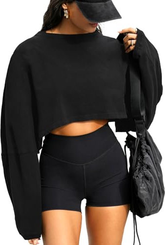 Navneet Sweatshirt Damen Crop Top Bauchfrei Pullover Langarmshirt Sport Oversize Shirt Sexy Oberteil Herbst Streetwear Schwarz M