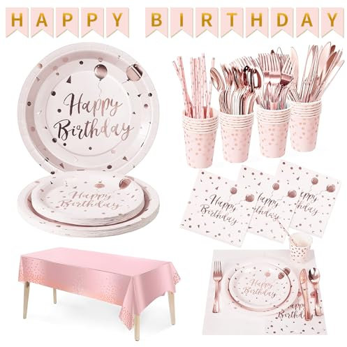 DN DENNOV Party Tableware 162Pcs Pink and Rosegold Tableware Set Includes Paper Plates Cups Straw Knive Fork Spoon Tablecloth and Banner for Wedding Shower, Engagement, Wedding, Birthday (20 Guests)