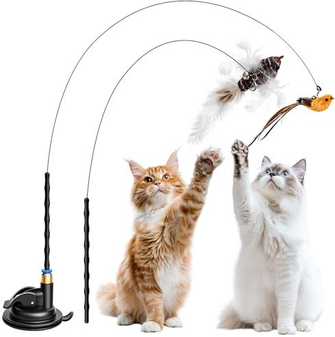 SZSIQI 5 Pcs Interactive Cat Toys for Indoor Cats Adult, Interactive Toy Bird Cat Toys, Bird Cat Feather Wand, Self-Entertainment Toys for Indoor Cats Kitten, with Suction Cup Rods