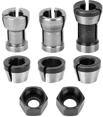 QWORK® 6 Pcs Router Collet Chuck Set, Carbon Steel, High Precision Steel Collet Chucks for Woodworking and Engraving Machines, 6mm 6.35mm 8mm with 2 Nuts