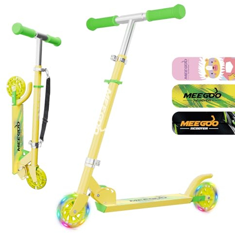 MEE GOO Patinete Infantil de Aluminio Plegable con 3 Alturas Ajustables para Niños y Niñas con Ruedas LED Regalos para Niños de 3+ Años (Amarillo)
