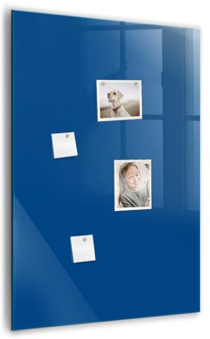 Tableau mural en verre effaçable | surface magnétique haut de gamme | aimants néodyme + marqueur + éponge | idéal affichage notes et photos - 70x100 - Couleur bleue
