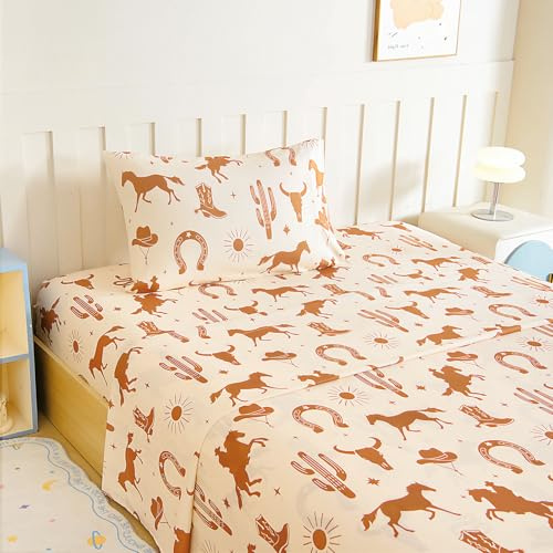 Homilay Queen Sheet Set Kids - Cowboy West Horse Rattlesnake 4 Pieces Soft Microfiber Cartoon Style Bedsheets for Boys Girls Teens, Oeko TEX, Breathable Deep Pocket Sheets(Yellowstone)
