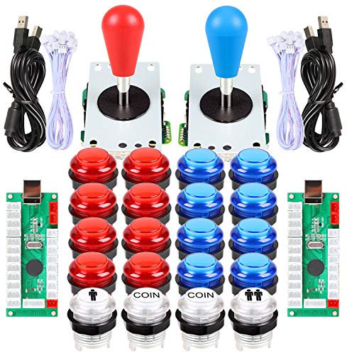 EG STARTS 2 Spieler LED Arcade DIY Teile 2X USB Encoder + 2X Ellipse Oval Style Joystick + 20x LED Arcade Tasten für PC MAME Raspberry Pi Windows System (Rote & Blaue Kit)