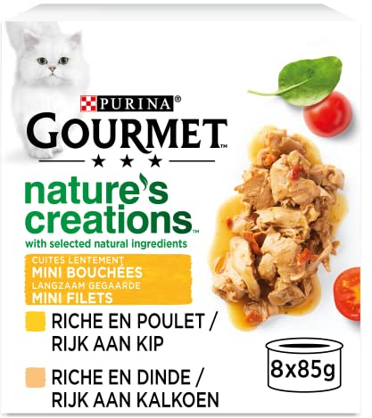 GOURMET Nature'S Creations, katt, minibitar, spenat och tomatfyllning, kalkonfyllning av spenat och palsternacka, 8 x 85 g, set med 12