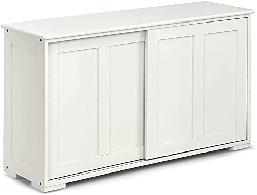 TANGZON Kitchen Sideboard, Buffet Cabinet with Sliding Doors and Adjustable Shelf, Wooden Storage Cupboard Unit for Living Room, Dining Room and Hallway (without glass, Cream White)