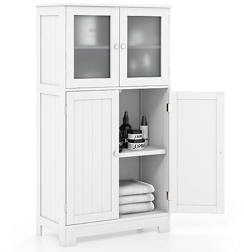GIANTEX Mueble de Baño con 4 Puertas, Estante Ajustable de 3 Niveles, Cómoda de Madera para Inodoro, Entrada, Salón y Cocina, 60 x 30 x 109 cm (Blanco)