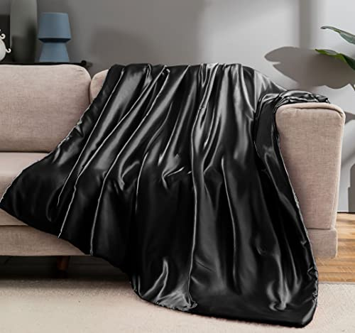 Vonty Satin Throw Blanket - Black Satin, 60x80 Inches, Cooling & Silky, Wrinkle-Free Cable Knit for Couch, Sofa, Bed, Outdoor