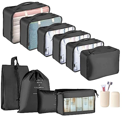 Packing Cubes for Suitcase - GEEDIAR 11 PCS Packing Cubes Travel Luggage Organizers Bag Waterproof Travel Essentials Bag Clothes Shoes Storage Bags（Black）