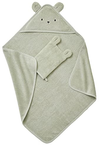 VERTBAUDET Kapuzenbadetuch + Waschlappen, Bio-Baumwolle, Mandel, 70 x 70 cm