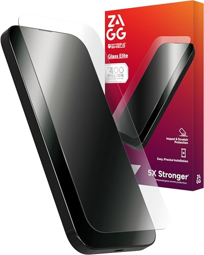 ZAGG InvisibleShield Glass Elite Protection d'écran compatible avec Apple iPhone 15 Pro Max, résistant aux rayures, aux taches, aux chocs, bords renforcés, application facile