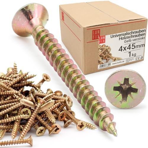 LUN FIX Vis universelles 4,0 x 45 mm, 1 kg (420 pièces), cruciforme PZ2, tête fraisée, vis à bois, galvanisées jaunes, vis multi-usages, vis cruciformes