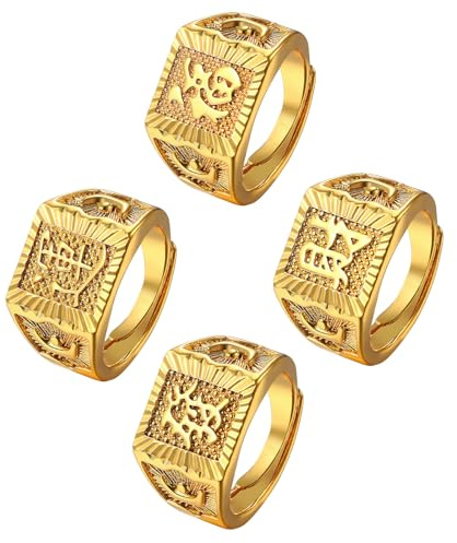 JewelryWe ringar för män i guld sigillringar: 4 st herrring förgylld rikedom/lycka/rikedom/framgång öppen ring band sigillring band med gravyr justerbar storlek gåva för män far vänner