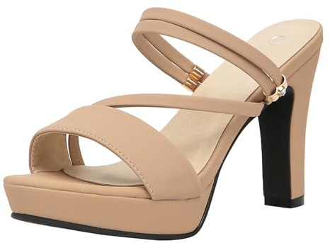 getmorebeauty Women's Chunky High Heels Slingback Sandals Open Toe Ankle Strap Slip On Platform Dress Shoes (Beige US7.5)