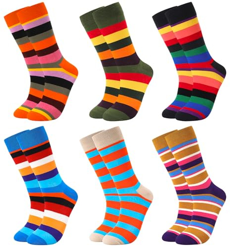 ViEinkaufen 6 Pairs Colorful Striped Socks for Men and Women, Novelty Funny Cotton Crew Socks, UK Size 5-11