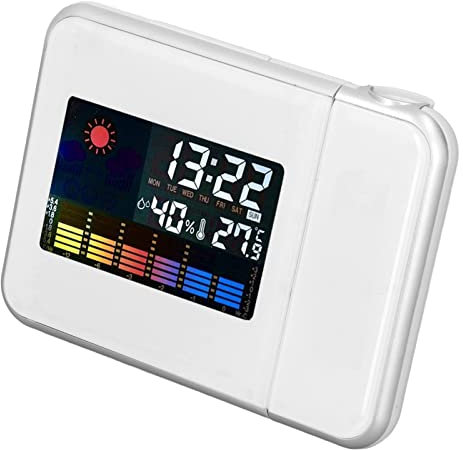 Phefop Projector Clock, LED Backlight, Powered By 2 AAA Batteries, Projection Alarm Clock, LCD Display, Humidity Display, For Living Room/Bedroom/Study/Office/Kitchen/Bathroom (Black,