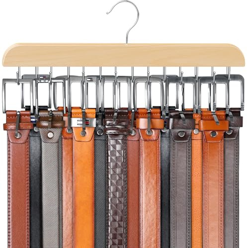 Belt Organizer with 14 Hooks, Sturdy Wood Belts Rack Closet Accessories
