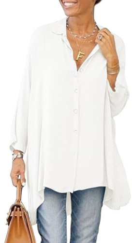 Cicy Bell Camicetta da Donna con Scollo a V T-Shirt a Maniche Lunghe in Raso con Bottoni Top a Tunica Casual, Bianco, M