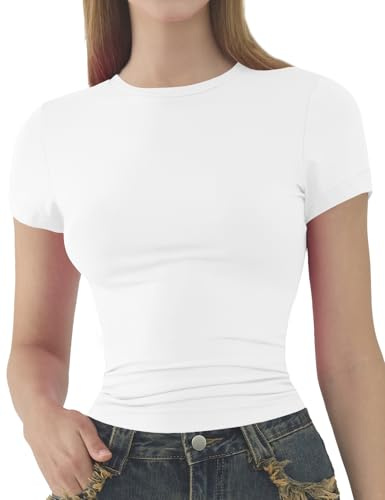 Womens Basic Short Sleeve Slim Fit T Shirts Soft Crewneck Crop Y2k Tees Summer Stretchy Cute Tops