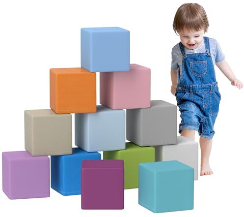HOMCOM Set 12 Cubi Giocattolo Morbidi per Bambini 12-36 Mesi, Blocchi Schiuma per Bambini, Costruzioni Morbide in PU ed EPE, 20x20x20 cm, Multicolore Scuro