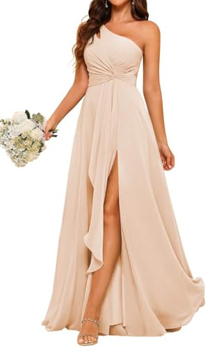 Una spalla abiti da damigella d'onore per matrimonio chiffon pieghettato formale sera partito maxi abito con fessura AH116, Pesca, 38