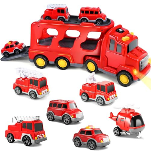 PATEMZON Feuerwehrauto Spielzeug, 7 in 1 Feuerwehr Auto Kinder, Zurückziehen Spielzeugautos mit Tattoo Aufkleber Kindermotive, Transport Truck mit Ton und Licht, Geschenke für Jungen und Mädchen