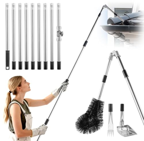 Gutter Cleaner, 4M Telescopic Roof Gutter Cleaning Tool with 180° Swivel Head, Gutter Brush, Scoop Shovel&Gutter Rake, 9 Section Aluminum Adjustable Angle Roofing Guard Cleaner for Removes Leaf Debris