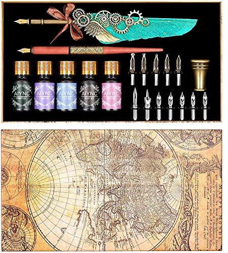 AIYNC Feather Calligraphy Pen Ink Set, Mechanical Feather Pen and Wooden Dip Pen, 5 Colors of Ink, 12 Replacement Nibs, Pen Holder, Envelope and Letter Paper (Green)
