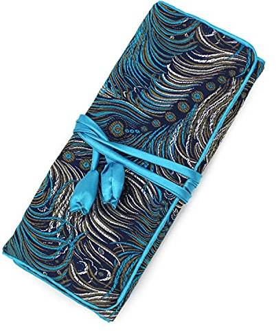 Wei Long Jewelry Roll, Travel Jewelry Roll Bag, Silk Embroidery Brocade Jewelry Organizer Case with Tie Close (Peacock, Blue)