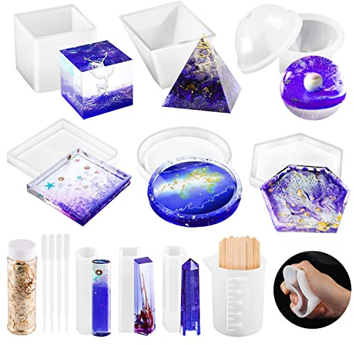 OSELEE Resin Moulds Silicone, 21Pcs DIY Epoxy Resin Moulds Kit, Resin Kits for Beginners Making Jewelry/Candle/Soap, Include Coaster, Cube, Pyramid, Spherical, Pendant Mold, etc