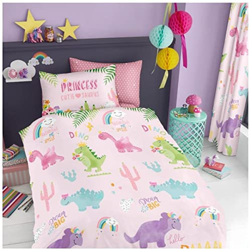 Kids Cutie Saurus Dino Duvet, Girls Boys Dinosaur Reversible Polka Dot Bedding Single Bed Size, Pink