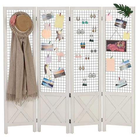 Wnutrees 4 Panel Gridwall Display, Portable Freestanding Display Board for Craft/Art Shows, Retail, Events, Decorative Wood Room Divider Folding Screens, White