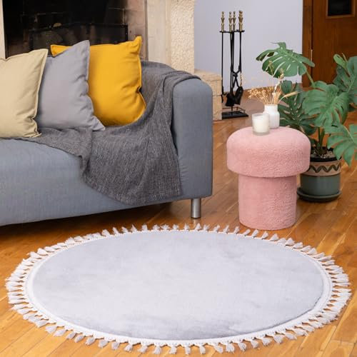 Dekorist Wohnzimmer Boho-Teppich, maschinenwaschbar, rutschfest, flauschig, rund, 120 cm, Grau