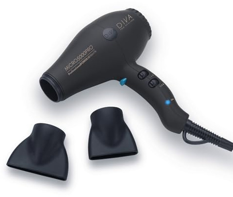 Diva Pro Styling Micro 5000 Pro Dryer, Professional Power 110 m3/h, Super-Lightweight Micro-Size, with Macadamia Oil, Argan Oil, and Keratin for Ultra-Shiny and Smooth Hair, Black