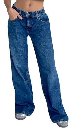 LSFYSZD Women Wide Leg Jeans Low Waist Baggy Jeans Loose Boyfriends Trousers Denim Pants Y2K 90s Streetwear (Dark Blue, S)