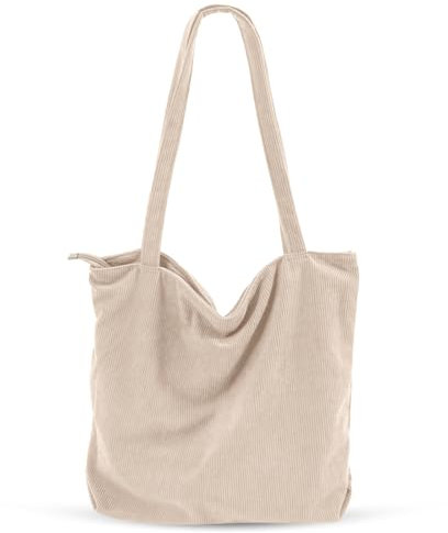 CNMTCCO Tote Bag Damen Shopper Tasche Große Cord-Tragetasche Shopper Für Damen Handtasche Mit Reißverschluss, Taschen Und Fächern – Ideal Für Schule, Arbeit, Einkaufen,Reisen, Alltag(Beige)