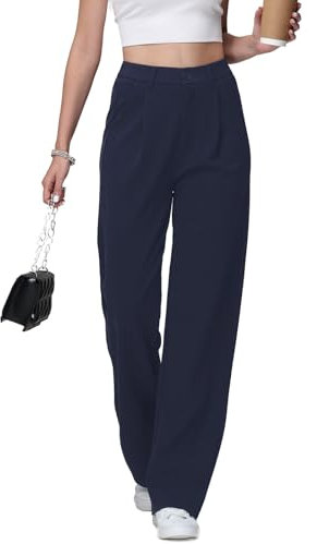 HMIYA Weite Hosen Damen Lässig Gerade Stoffhose Business Elegant Dünne Herbst Hose mit Tasche,Navy,M/32L