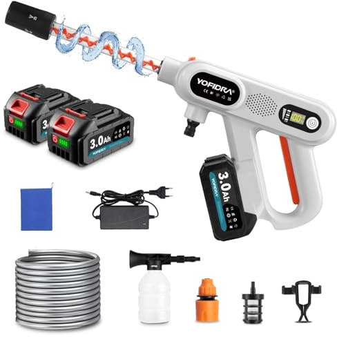 Yofidra Pistola de Agua a Presión con Batería, Hidrolimpiadora Portatil 3 Velocidades (20/60/80Bar), Máximo 200Bar, 2 Baterías 3,0Ah, Boquilla 5 en 1, Alcance 10m para Coches, Jardín