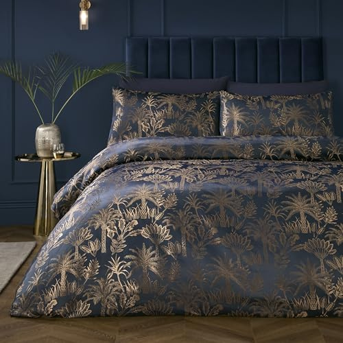Soiree Midnight Palm Duvet Cover Set, 100% Recycled Polyester, Super-King 260x220cm, Navy, Jacquard, Palm Leaf Pattern, 2 Pillowcases