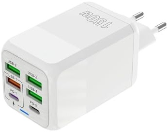 Cargador Multiple USB C 150W, Estación de Carga Rápida 6 Puertos (4 USB-A + 2 USB-C PD), Multipuerto Adaptador de Corriente para Teléfonos, Tabletas, Auriculares, Compatible con iPhone 16 15 14 13 12